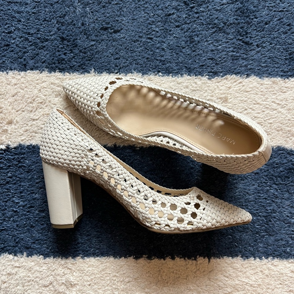 Marc Fisher Woven Cream Block Heel Pumps